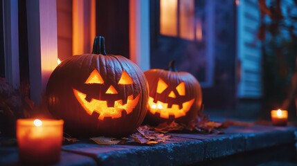 Glowing jackolanterns and candles illuminate a spooky halloween night