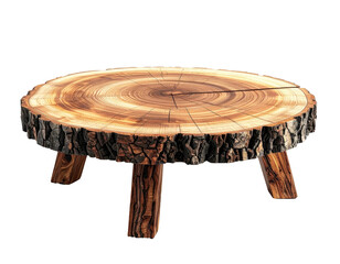 Rustic wooden side table, a tree slice, set on three legs, isolated on black