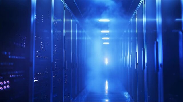 Blue-lit server room with fog creating a high-tech atmosphere during the evening hours