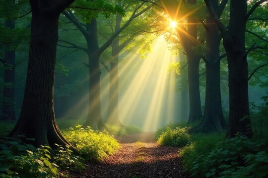 Sunbeams pierce a dense forest canopy, illuminating a mystical path through ancient trees and dappled shadows  A magical scene of nature's beauty and serenity , canopy, perspective, dark - Powered by Adobe