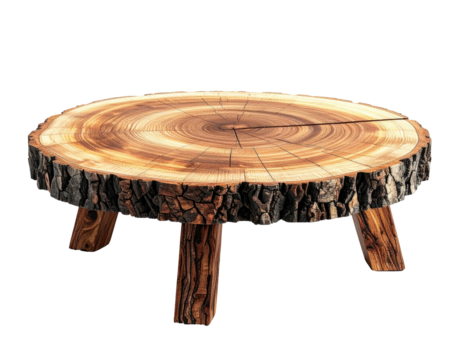Rustic wooden side table, a tree slice, set on three legs, isolated on black