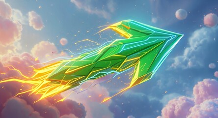 Electric Green Arrow Soaring Through the Clouds