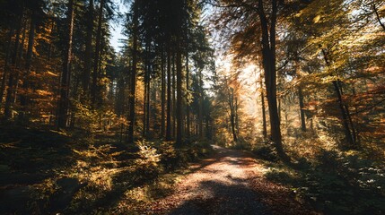 Fototapeta premium Sunlight streams through tall, dense trees illuminating an autumn forest pathway