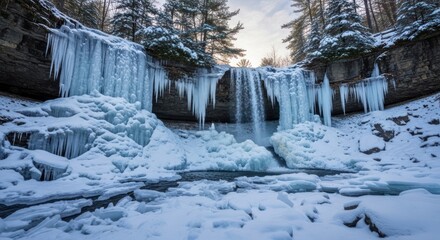 Magnificent frozen waterfall surrounded by snow-covered trees in a winter wonderland landscape