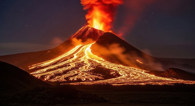 Spectacular volcanic eruption captured at night showcasing molten lava flows and fiery plumes