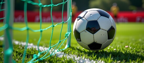 Close-Up View of a Soccer Ball Near the Goalpost on a Sunny Day with a Lush Green Field and Netting in the Background
