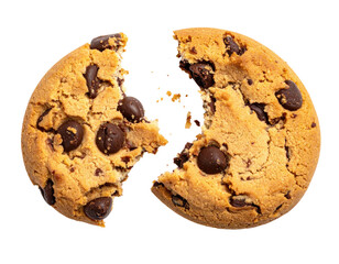 A close-up of a chocolate chip cookie broken in two, on a black background