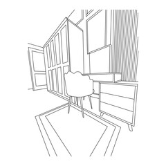 Detailed Line Art Sketch of a Modern Interior Room