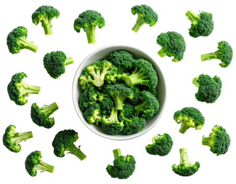 Fresh green broccoli florets scattered around a full bowl on black background