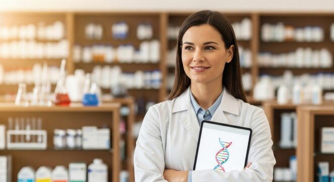 Pharmacist holding tablet with DNA helix, inside a modern chemist store with shelves stocked with medications and scientific equipment.