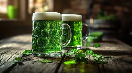 Two mugs of festive green beer with shamrocks on a rustic wooden table