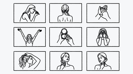 Line Art Illustration of Various Beauty and Self Care Practices