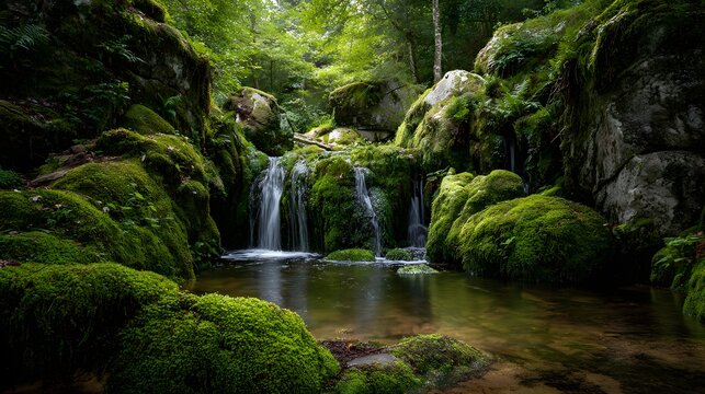 Lush green moss-covered rocks surround a small cascading waterfall feeding a clear forest pool