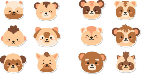 Set of cute cartoon animal face stickers, vector icons of brown bear, puppy, and monkey heads for kids nursery, scrapbooking, happy emoji, and design