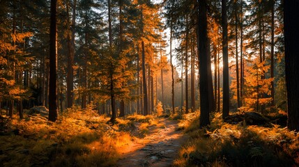 Tall evergreen trees line a sunlit woodland path during golden hour illumination