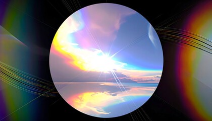 A circular lens frames a vibrant sunset reflection on calm water, with prismatic edges