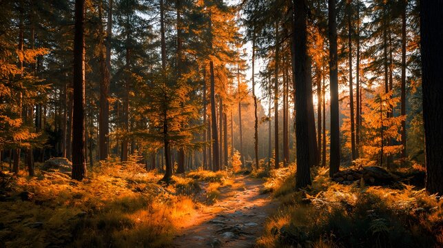 Tall evergreen trees line a sunlit woodland path during golden hour illumination