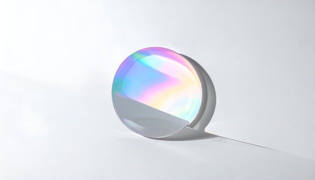A clear, circular glass prism refracting light into colorful spectrum on a white surface