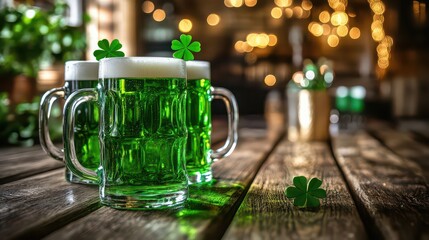 Green beer mugs with shamrocks on a wooden table, celebrating st patricks day