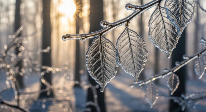 Icy tableau featuring frozen leaves glistening under the winter sun light in the frosty air