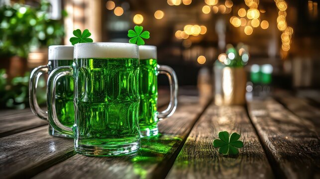 Green beer mugs with shamrocks on a wooden table, celebrating st patricks day - Powered by Adobe