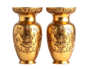 Two ornate, golden vases with floral and leaf relief patterns, glossy finish
