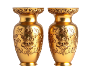 Two ornate, golden vases with floral and leaf relief patterns, glossy finish