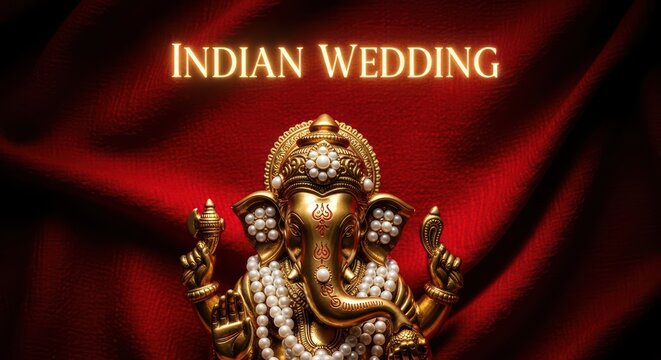 Golden ganesha adorned with pearls against a red silk background representing hindu traditions
