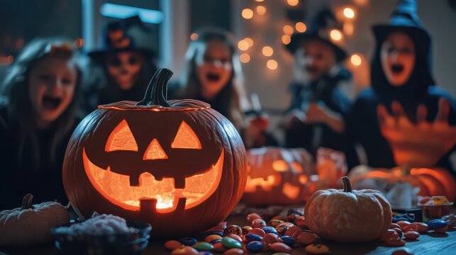 Excited children celebrating halloween with glowing jackolanterns and candy