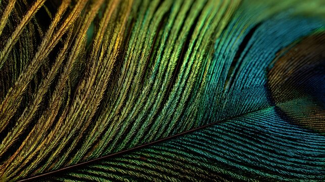 Close up reveals intricate detail of iridescent feather barbules displaying rich green and blue coloration