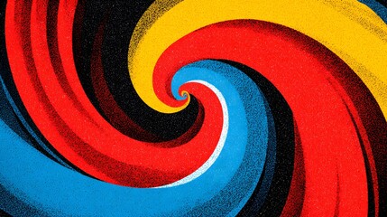 Vivid primary colors form an intense logarithmic spiral against a dark background