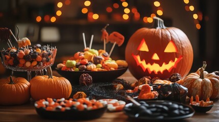 Spooky halloween table with glowing jackolantern and assorted candies
