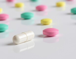 Close-up of colorful pills and a white capsule on a white surface.
