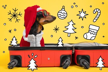 Festive dachshund in santa outfit with suitcase and holiday doodles