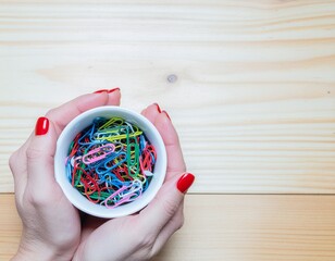Hands holding a cup filled with colorful rubber bands on a wooden surface.