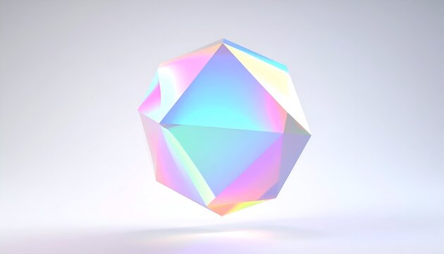 A holographic, geometric crystal floats over a white surface with light reflections