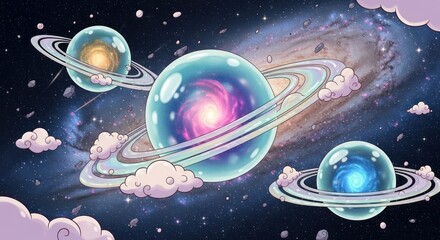 Cartoonish celestial landscape featuring ringed planets amidst a vibrant cosmic backdrop