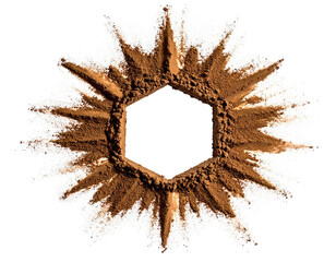 Brown powder forms a starburst-like shape around a central hexagonal void