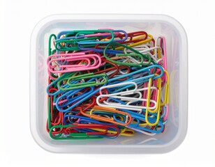 A container filled with colorful paper clips, viewed from above.