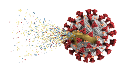 Detailed coronavirus cell exploding into fragments for medical science illustration