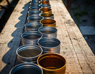 Naklejka premium Row of Empty Tin Cans on Wooden Surface Industrial Food Packaging, Recycling Concept, Closeup, Metallic Containers, Sunlight and Shadow