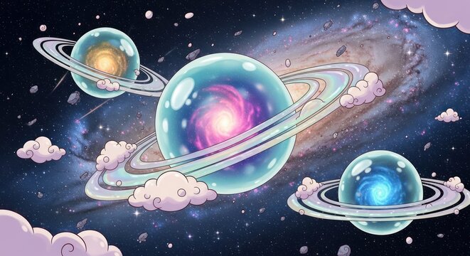 Cartoonish celestial landscape featuring ringed planets amidst a vibrant cosmic backdrop - Powered by Adobe