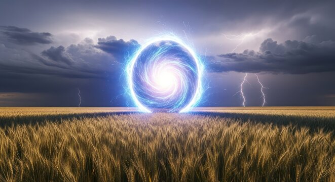 Mystical portal in a golden wheat field under a dramatic stormy sky with lightning