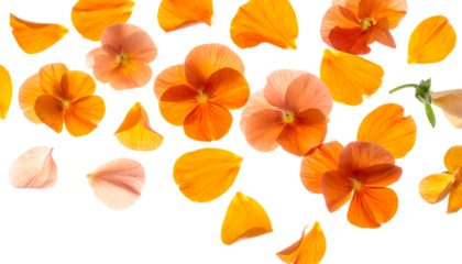 Vibrant orange pansy flowers and delicate petals beautifully scattered against a pure white background, capturing the fresh essence of spring and natural elegance