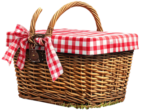 A woven picnic basket with a red checkered lid and a bow on a grassy area