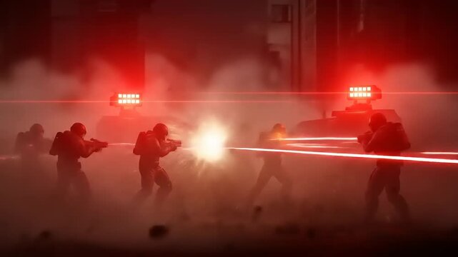 SWAT team in action during a night raid, with red lights and smoke creating a dramatic atmosphere.