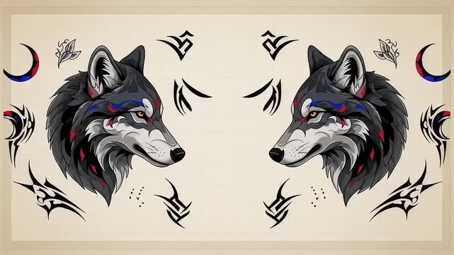Symmetrical Wolf Heads with Animated Tribal Symbols Loop.
