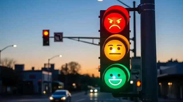Traffic light with emoji faces showing different emotions on the road.