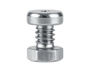 Close-up of a metal screw with a rounded top and a hexagonal base, isolated