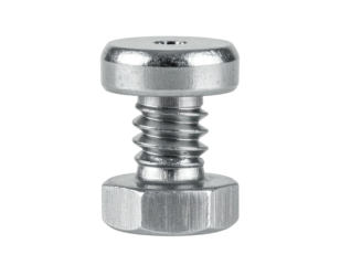 Close-up of a metal screw with a rounded top and a hexagonal base, isolated